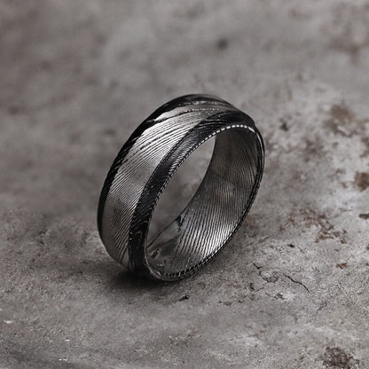 Black Step Edge Pattern Damascus Steel Ring