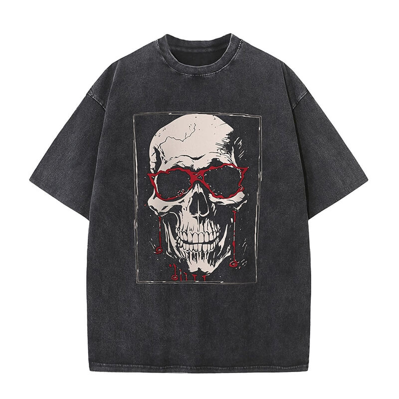 Blood Glasses Skull Print Washed T-shirt