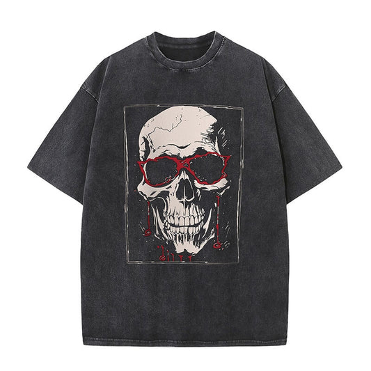 Blood Glasses Skull Print Washed T-shirt