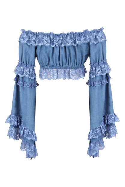 Blue Denim Smocked Flare Sleeve Peasant Top