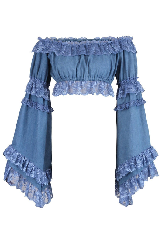Blue Denim Smocked Flare Sleeve Peasant Top