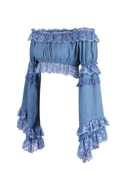 Blue Denim Smocked Flare Sleeve Peasant Top