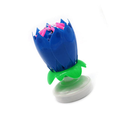 Blue "Happy Birthday" Singing Musical Flower Candle - Rotating Party Light Magical Lotus Music Cake Candles
