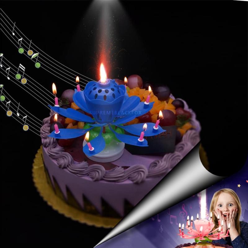 Blue "Happy Birthday" Singing Musical Flower Candle - Rotating Party Light Magical Lotus Music Cake Candles