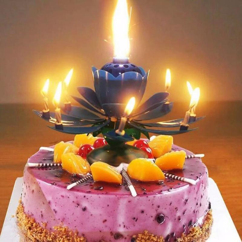 Blue "Happy Birthday" Singing Musical Flower Candle - Rotating Party Light Magical Lotus Music Cake Candles