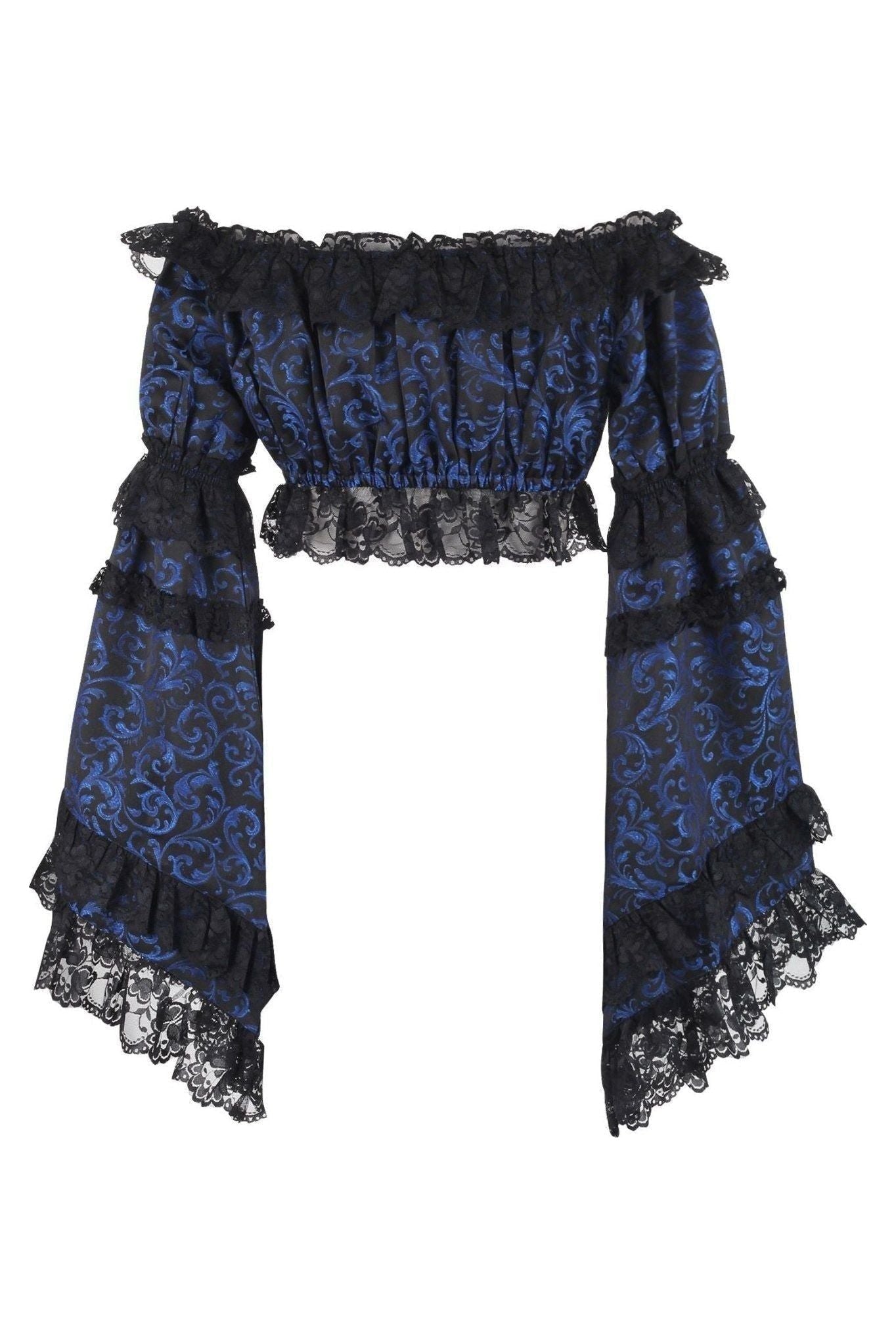 Blue/Black Brocade Smocked Flare Sleeve Peasant Top