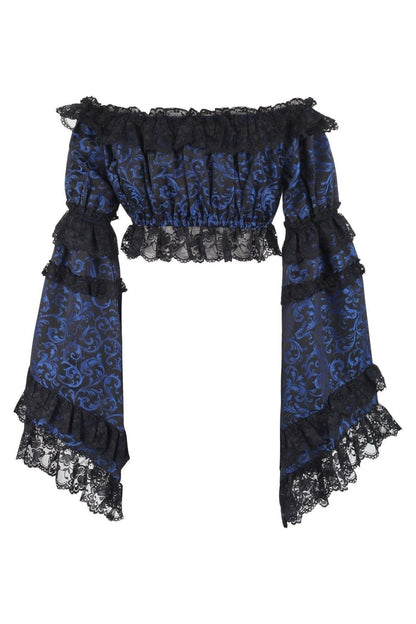 Blue/Black Brocade Smocked Flare Sleeve Peasant Top