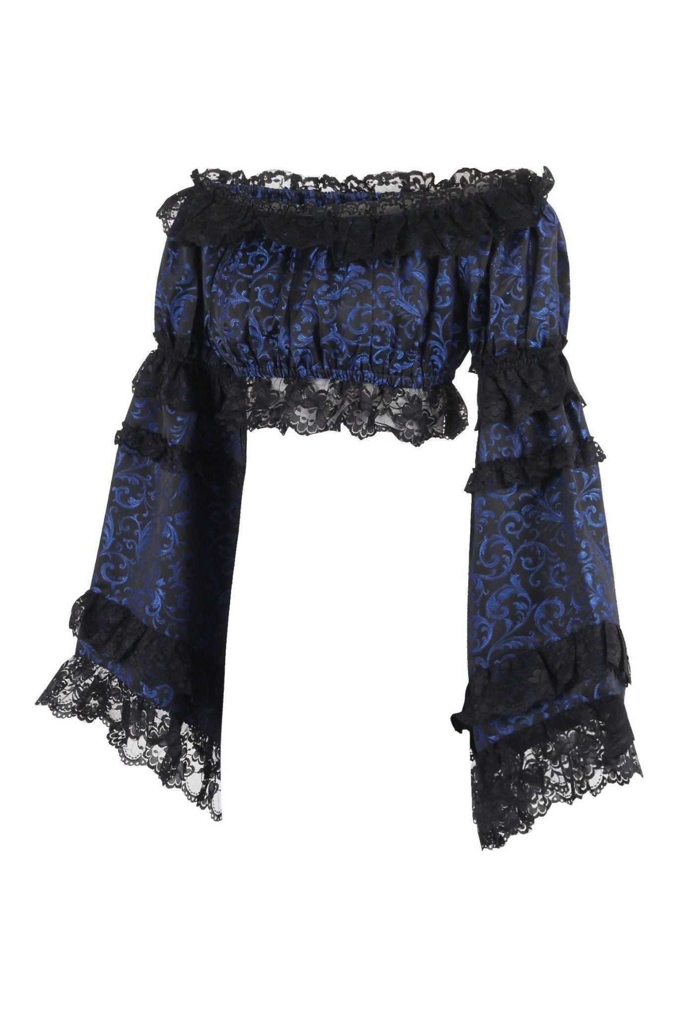 Blue/Black Brocade Smocked Flare Sleeve Peasant Top