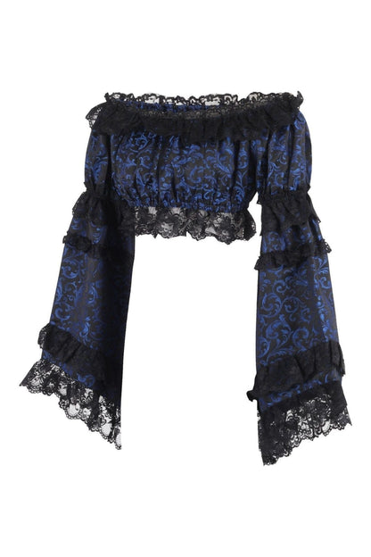 Blue/Black Brocade Smocked Flare Sleeve Peasant Top