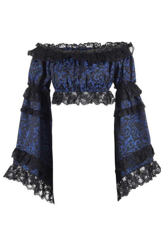 Blue/Black Brocade Smocked Flare Sleeve Peasant Top