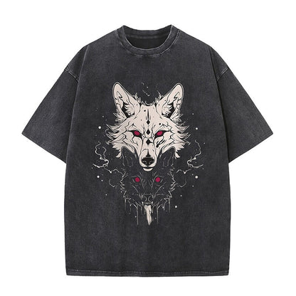 Bright And Dark Wolf Print Washed T-shirt