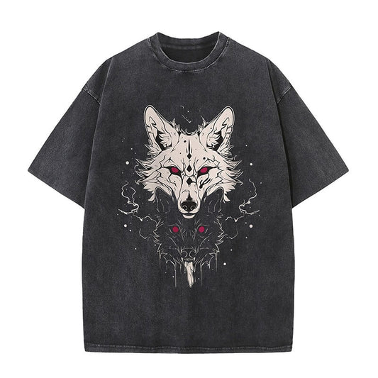 Bright And Dark Wolf Print Washed T-shirt