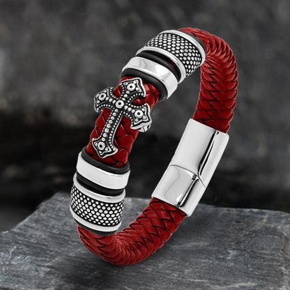 Budded Cross Stainless Steel Braided Leather Bracelet