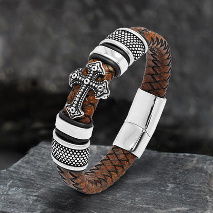 Budded Cross Stainless Steel Braided Leather Bracelet