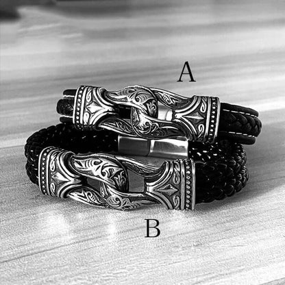 Carved Viking Stainless Steel Leather Bracelet