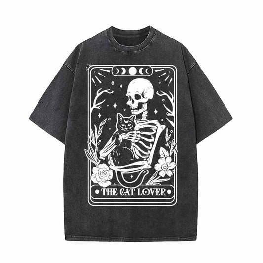 Cat Lover Skeleton Tarot Card Vintage Washed T-shirt