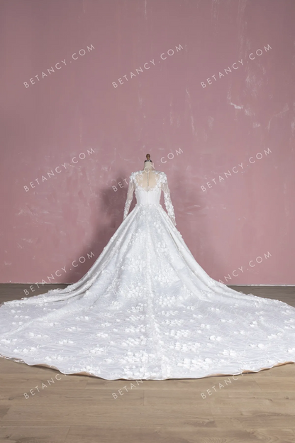 Luxury 3D Flower Lace Cathedral Train Wedding Gown