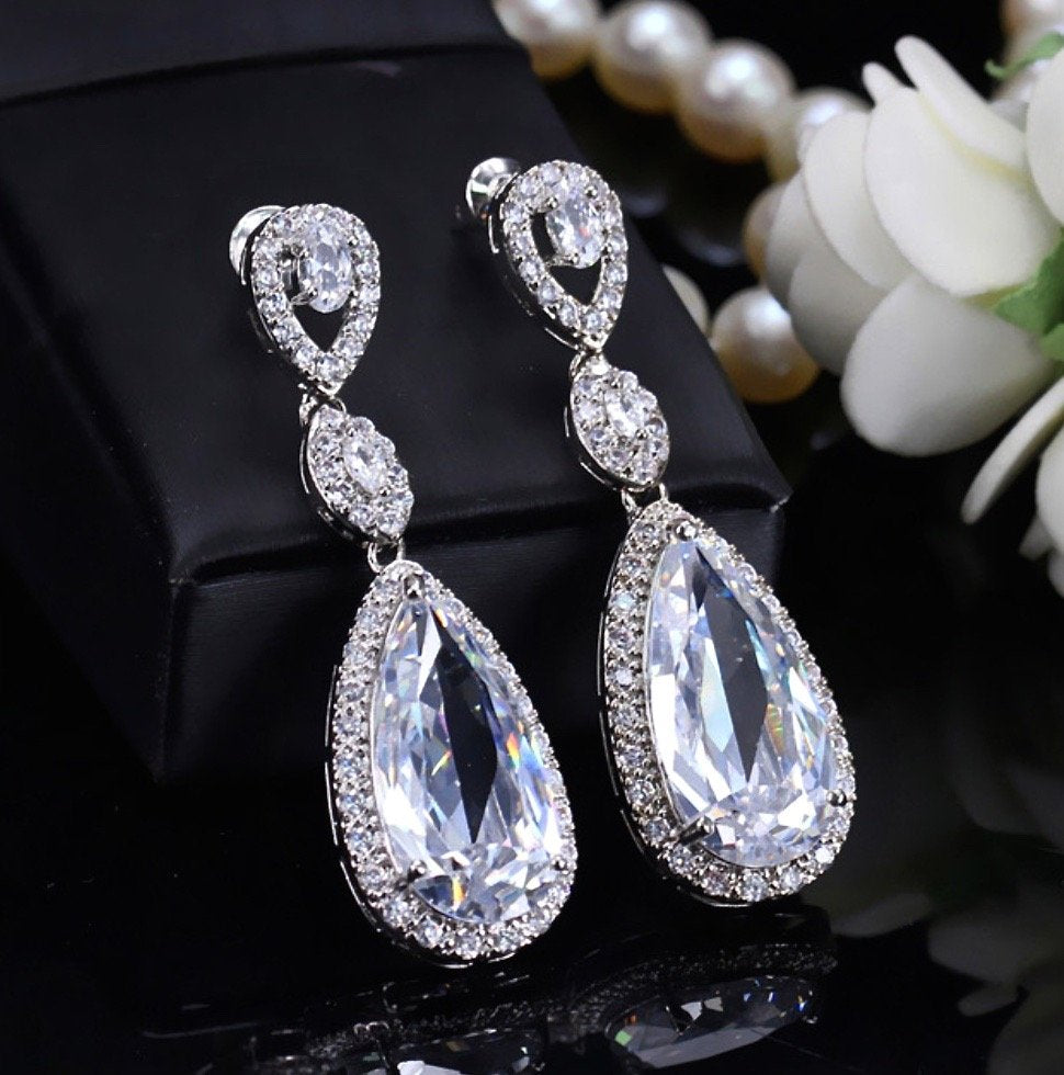 Amy - Silver Cubic Zirconia Bridal Earrings - More Colors Available