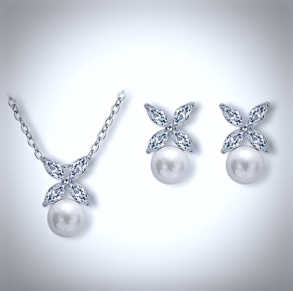 Heidi - Pearl and Cubic Zirconia Jewelry Set - Available in Rose Gold and Silver