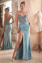 Stretch Satin Glitter & Lace Fitted Gown