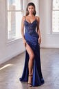 Stretch Satin Glitter & Lace Fitted Gown