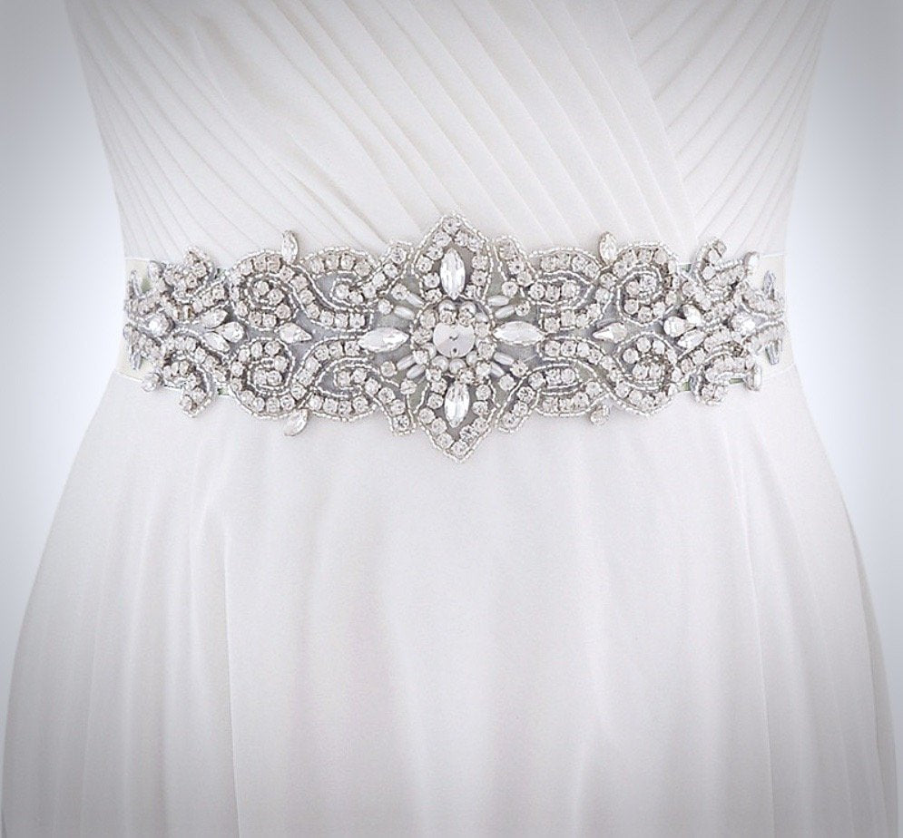 Linda - Wedding Silver Crystal and Pearls Belt/Sash