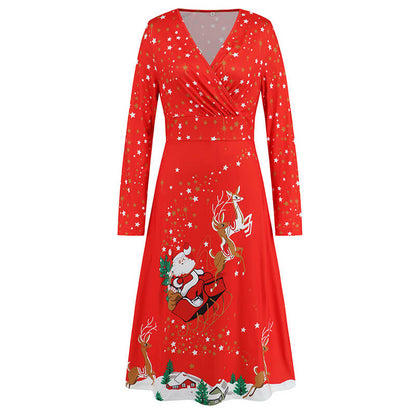 Christmas Element Printed V-neck Long-sleeved Dress