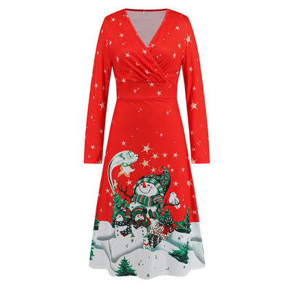 Christmas Element Printed V-neck Long-sleeved Dress