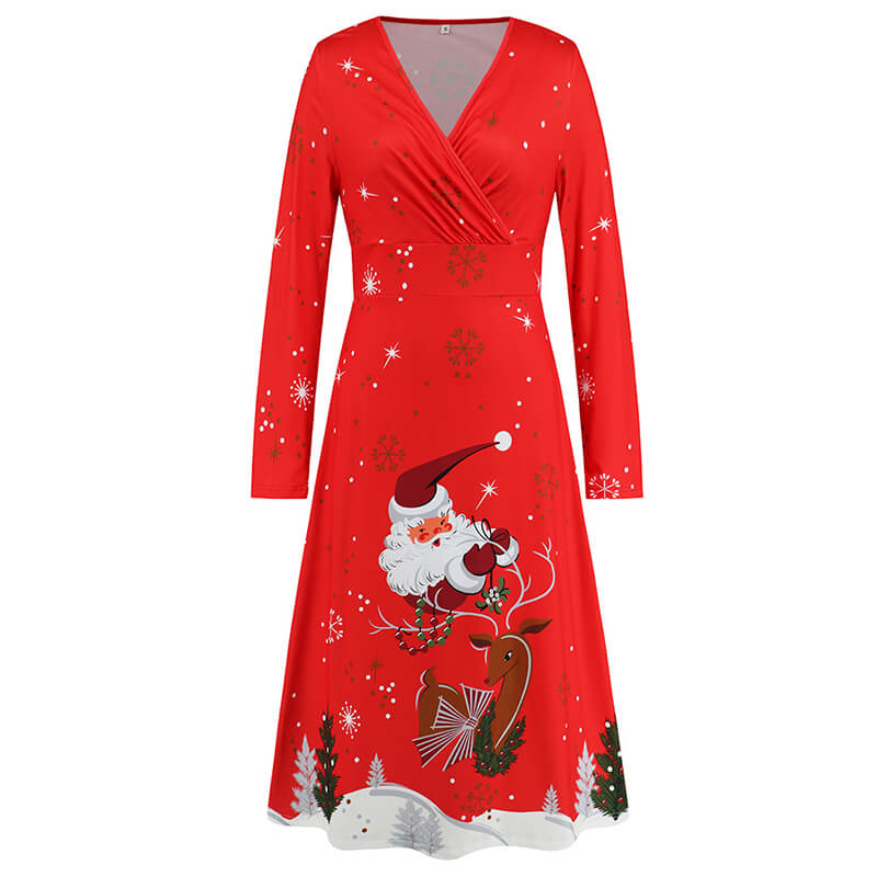 Christmas Element Printed V-neck Long-sleeved Dress