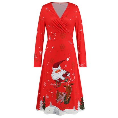 Christmas Element Printed V-neck Long-sleeved Dress