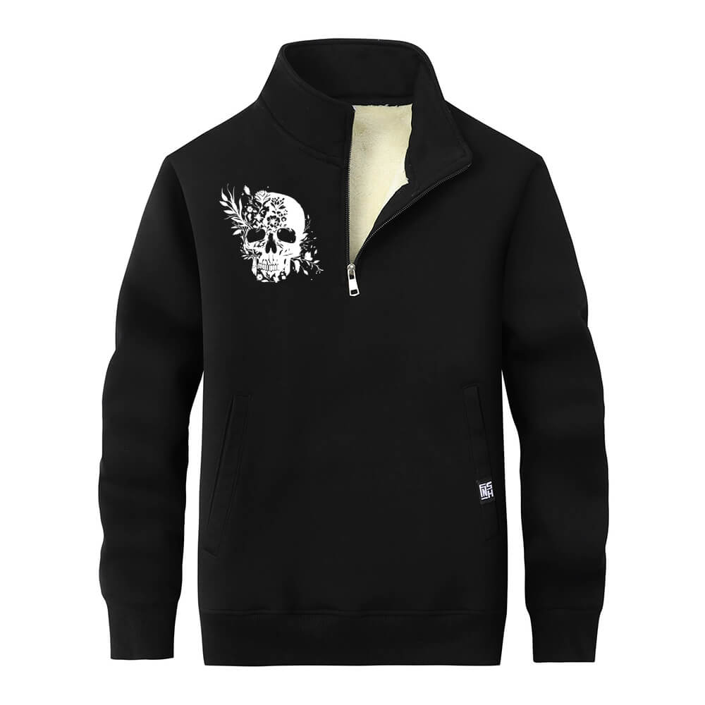 Multicolor Floral Skull Stand Collar Zip Fleece Sherpa Sweatshirt