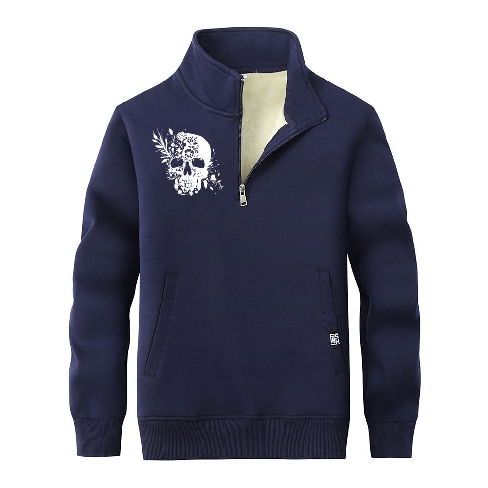 Multicolor Floral Skull Stand Collar Zip Fleece Sherpa Sweatshirt