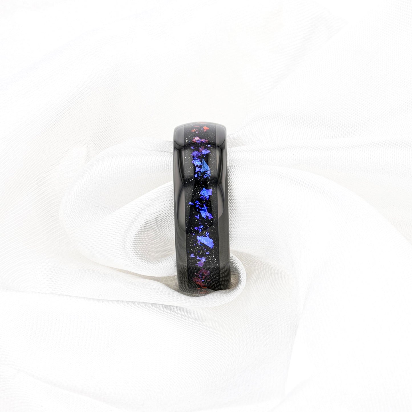 COSMIC Black Tungsten Ring with Crushed Alexandrite and Dark Blue & Purple Crushed Goldstone - 4mm - 8mm