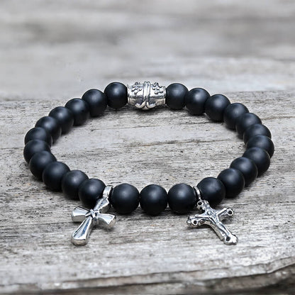 Cross Religious Agate Stone Bead Bracelet