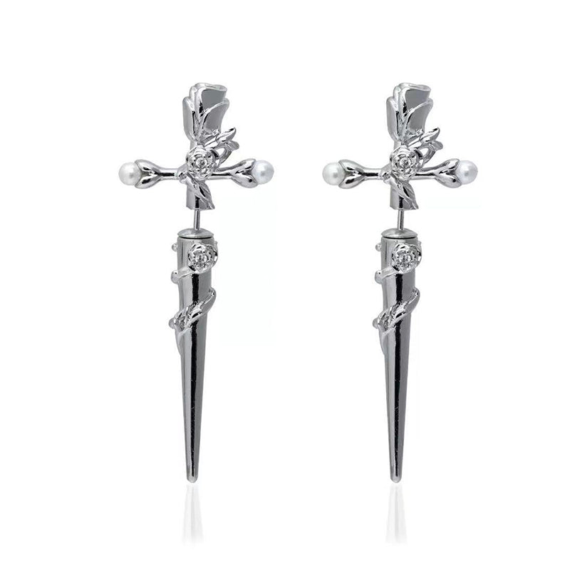 Cross Rose Copper Silver Plated Earrings