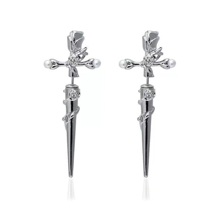 Cross Rose Copper Silver Plated Earrings