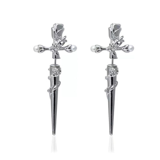 Cross Rose Copper Silver Plated Earrings