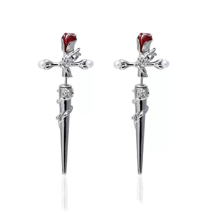Cross Rose Copper Silver Plated Earrings