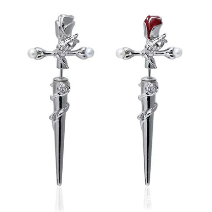 Cross Rose Copper Silver Plated Earrings
