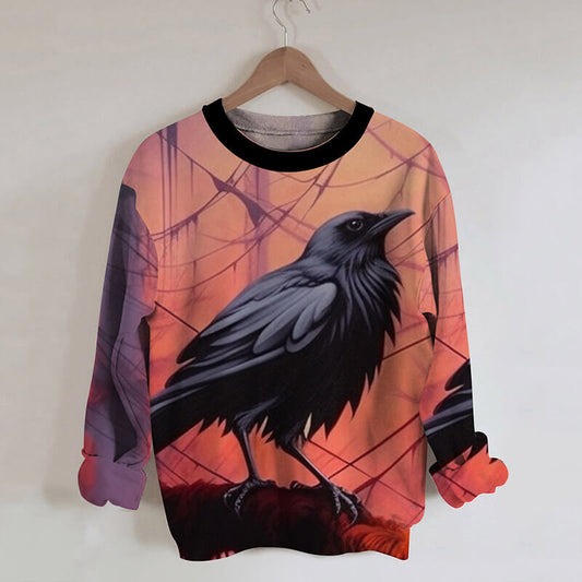 Crow Pattern Casual Round Neck Sweatshirt