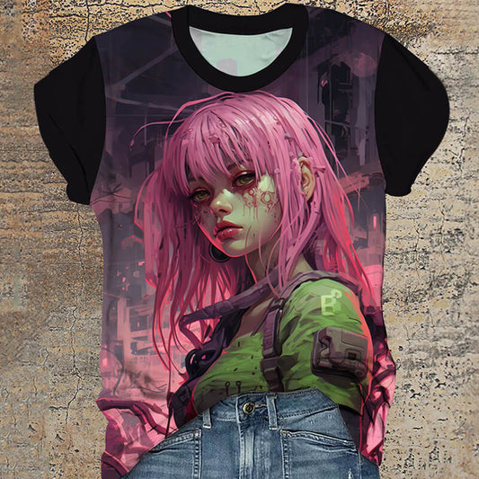 Cyberpunk Anime Girl Round Neck T-Shirt