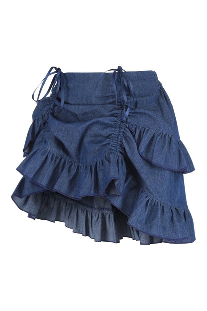 Dark Blue Denim Ruched Bustle Skirt
