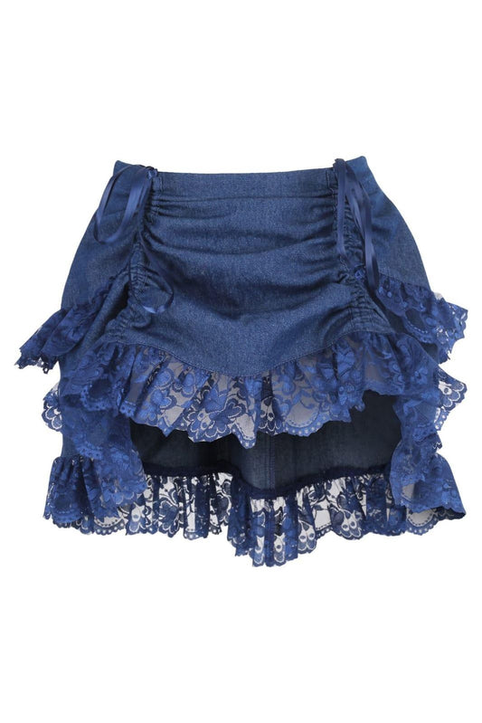 Dark Blue Denim Ruched Bustle Skirt w/Lace