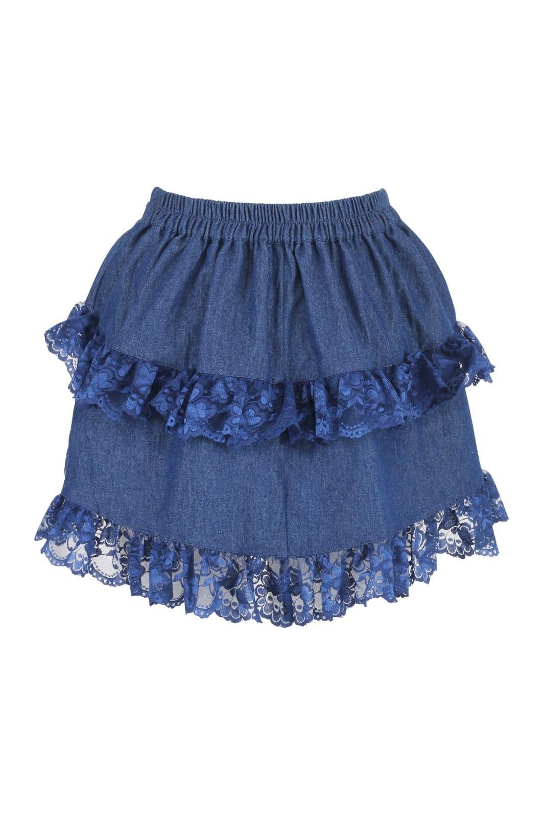 Dark Blue Denim Ruched Bustle Skirt w/Lace