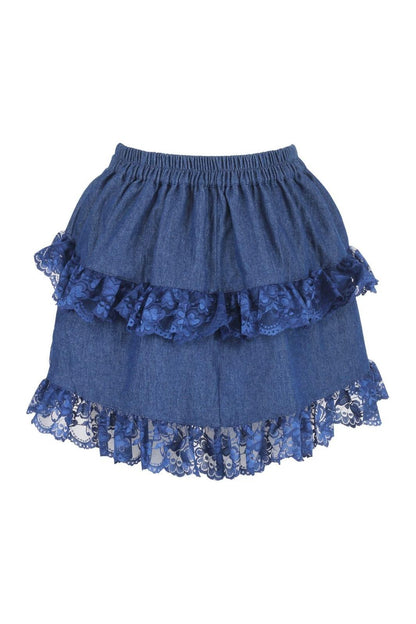 Dark Blue Denim Ruched Bustle Skirt w/Lace
