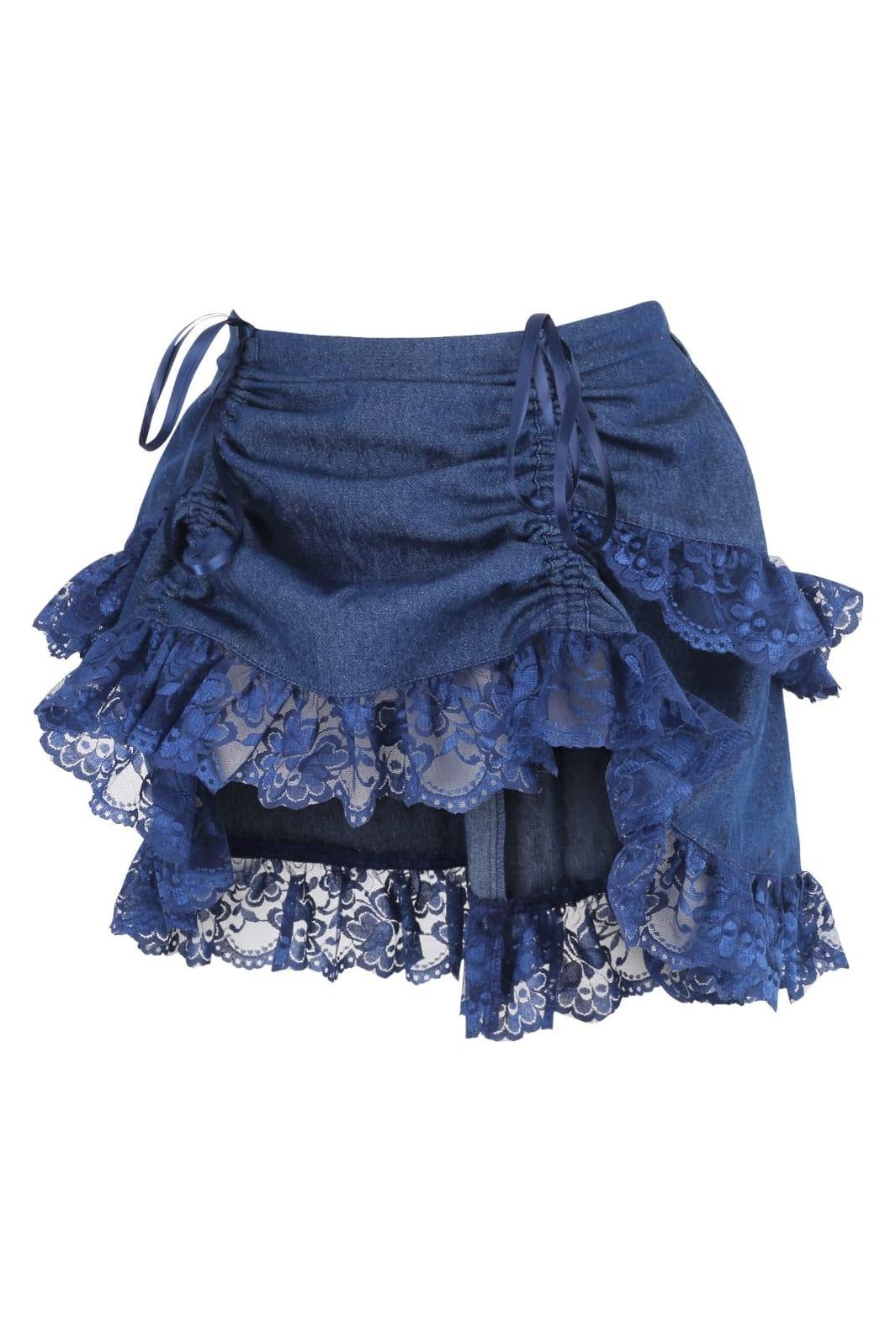 Dark Blue Denim Ruched Bustle Skirt w/Lace