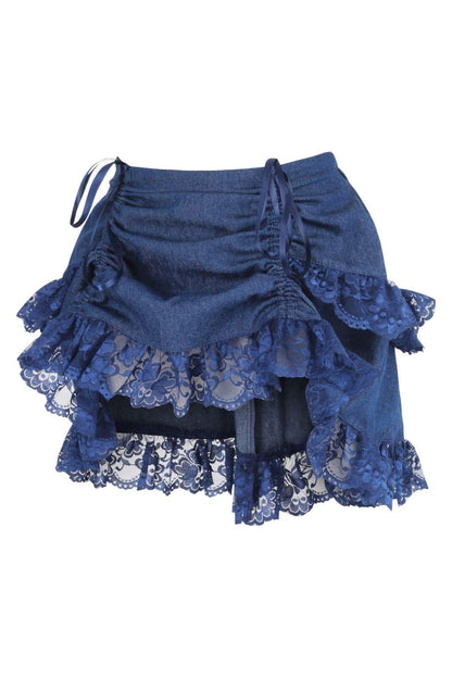 Dark Blue Denim Ruched Bustle Skirt w/Lace