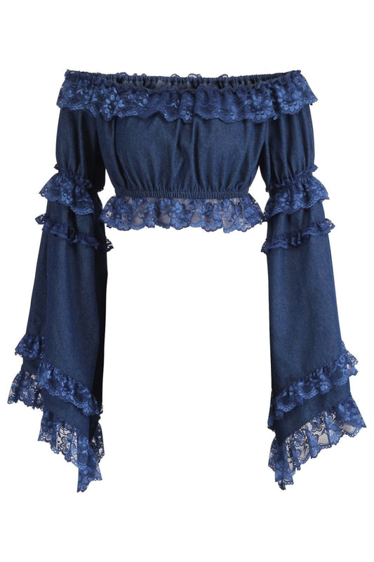 Dark Blue Denim Smocked Flare Sleeve Peasant Top