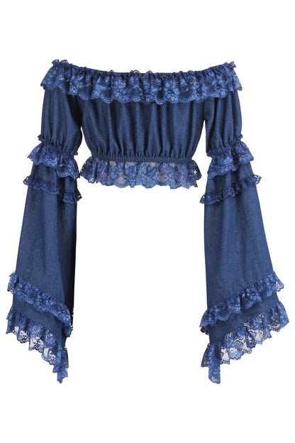 Dark Blue Denim Smocked Flare Sleeve Peasant Top