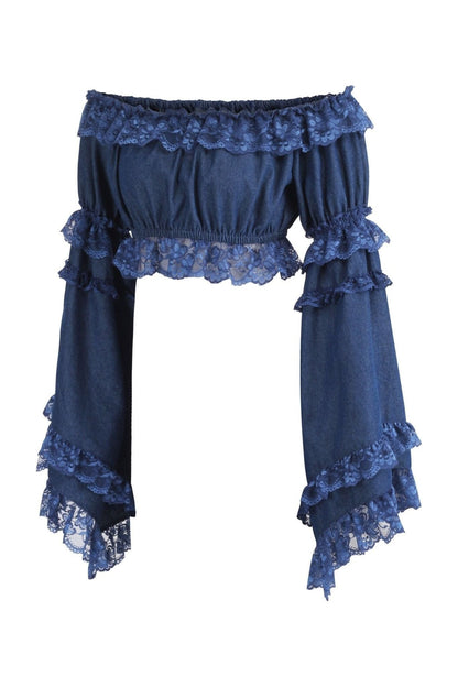 Dark Blue Denim Smocked Flare Sleeve Peasant Top